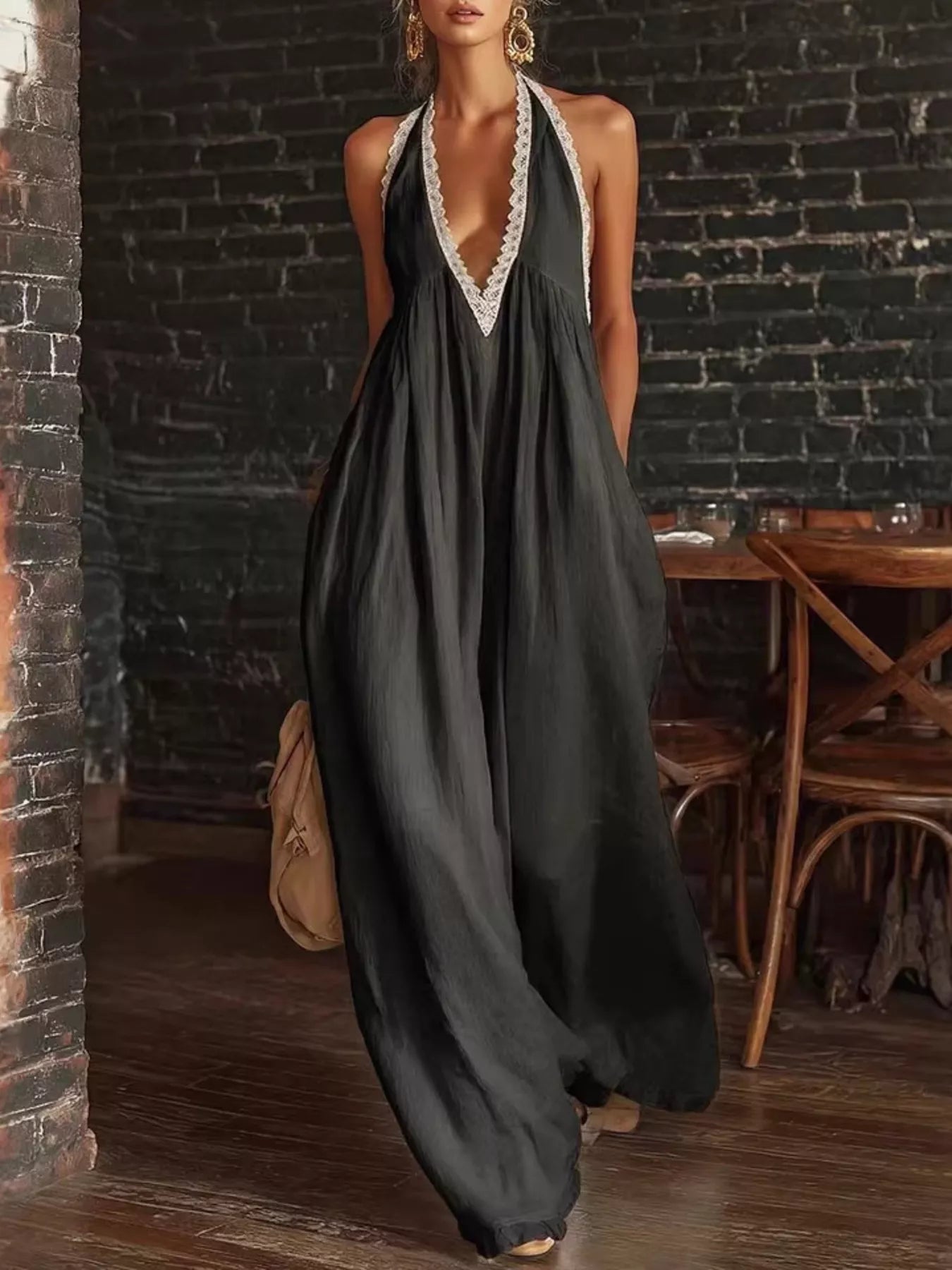 Full Size Halter Neck Lace Trim Wide Leg Jumpsuit Plus Size