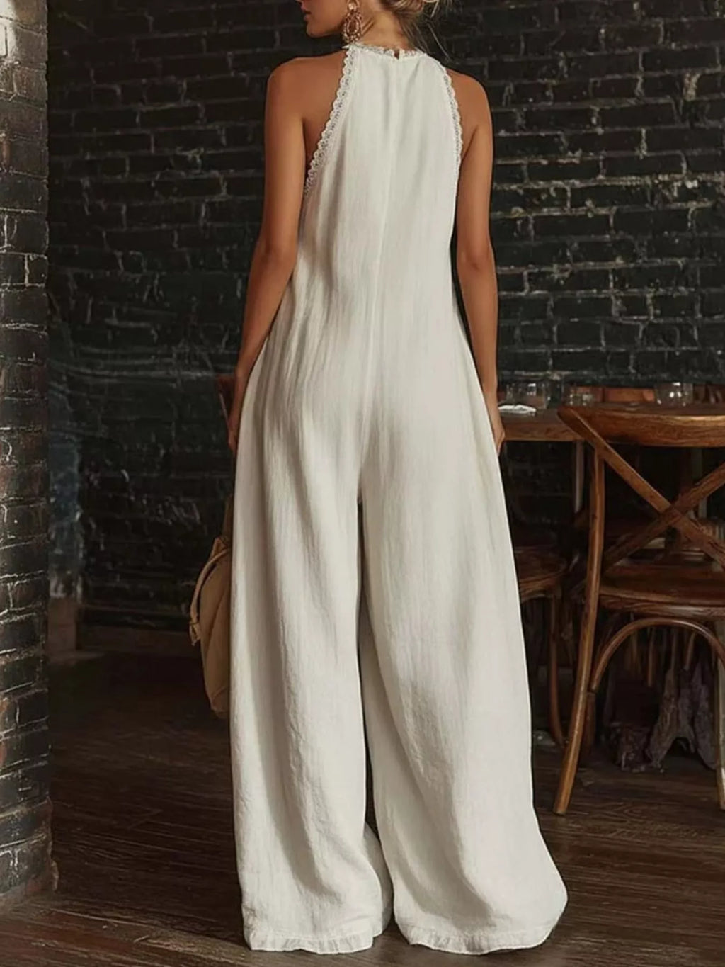 Full Size Halter Neck Lace Trim Wide Leg Jumpsuit Plus Size
