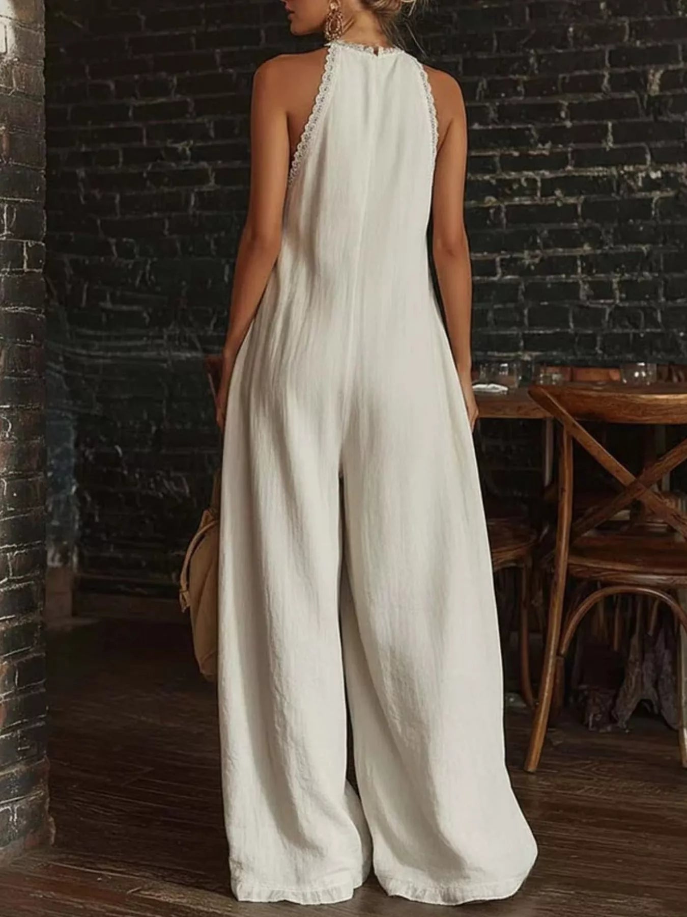 Full Size Halter Neck Lace Trim Wide Leg Jumpsuit Plus Size