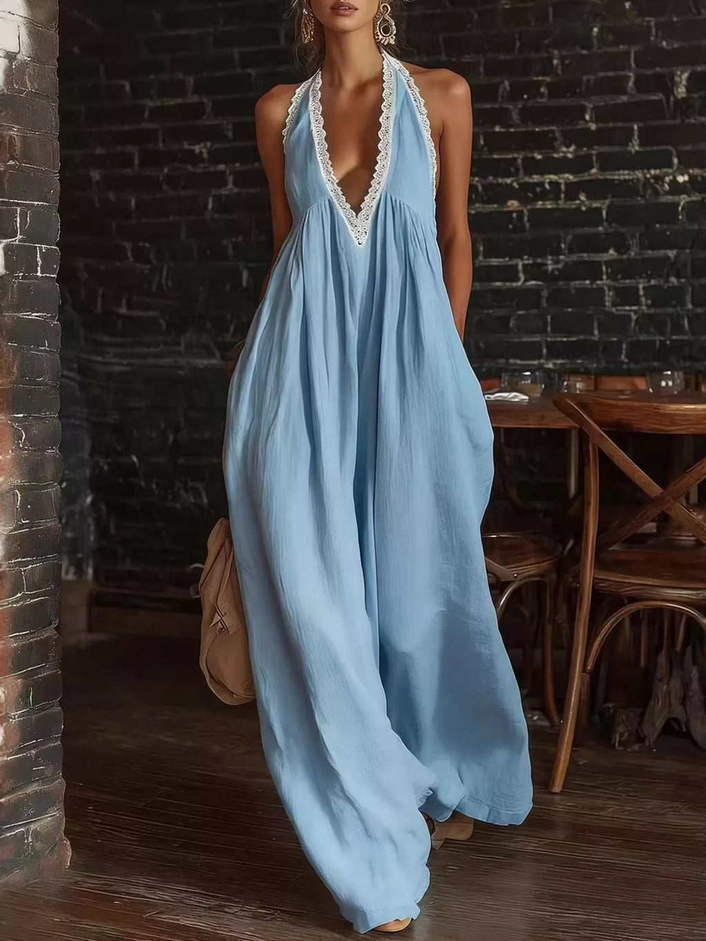 Full Size Halter Neck Lace Trim Wide Leg Jumpsuit Plus Size