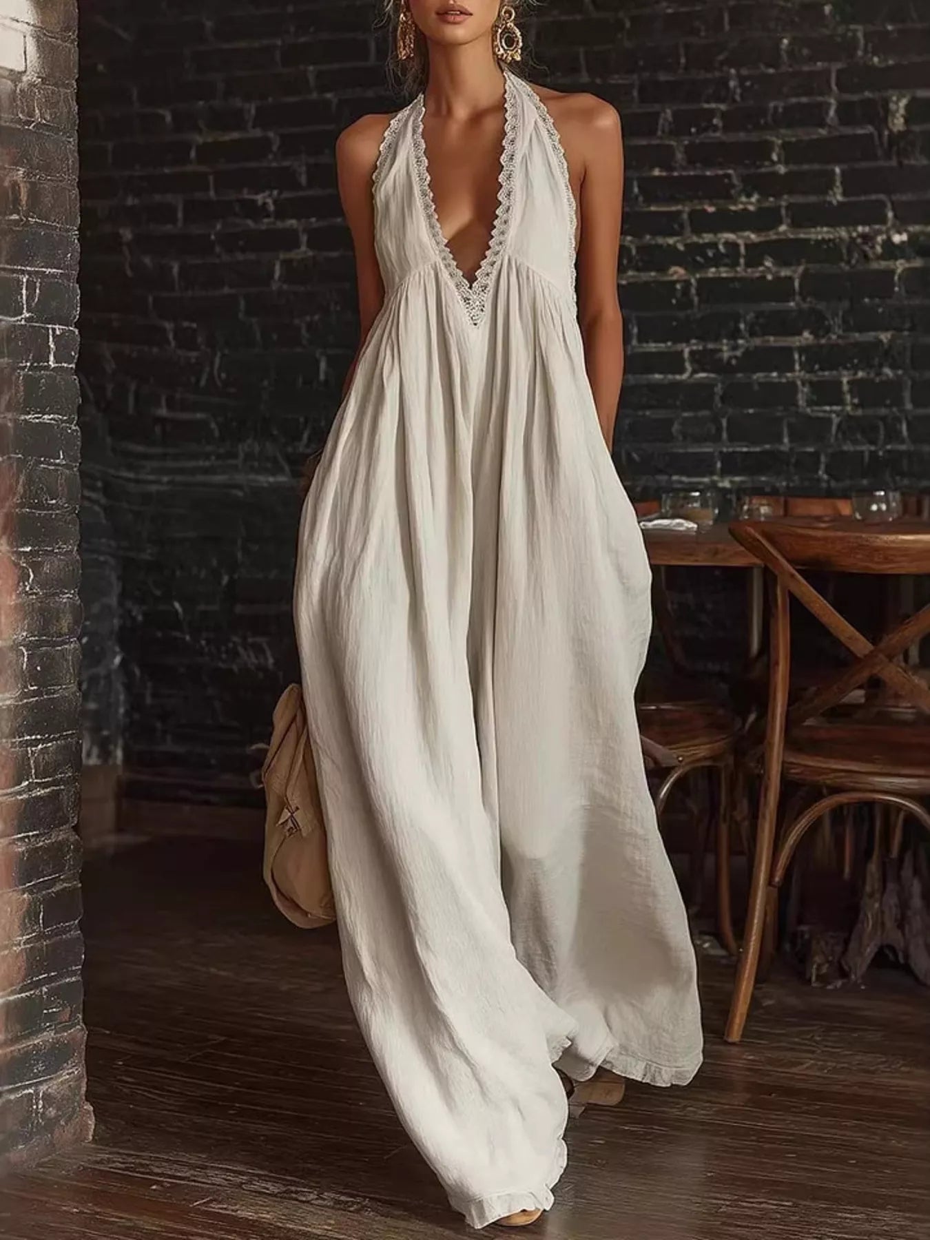 Full Size Halter Neck Lace Trim Wide Leg Jumpsuit Plus Size