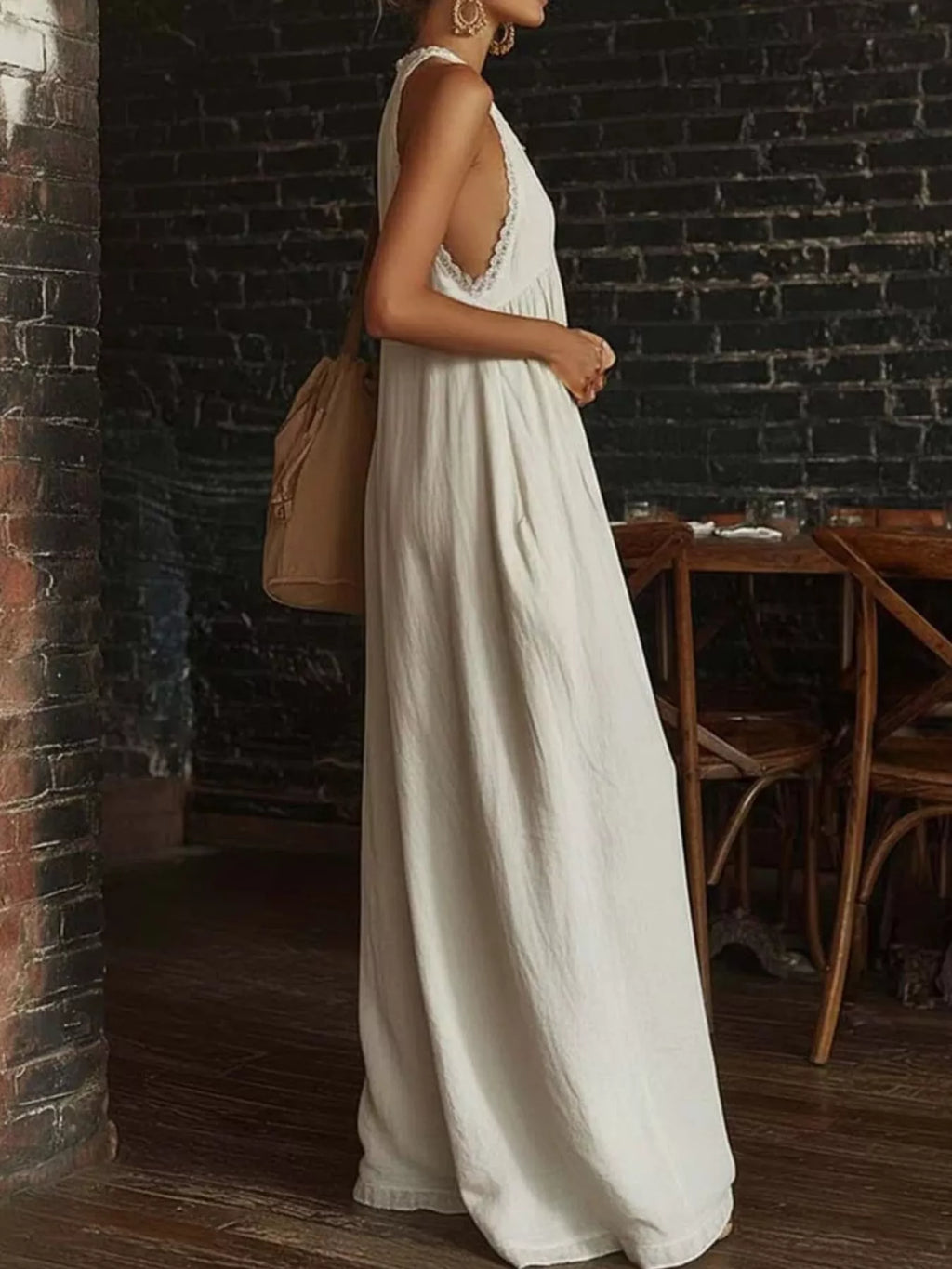 Full Size Halter Neck Lace Trim Wide Leg Jumpsuit Plus Size