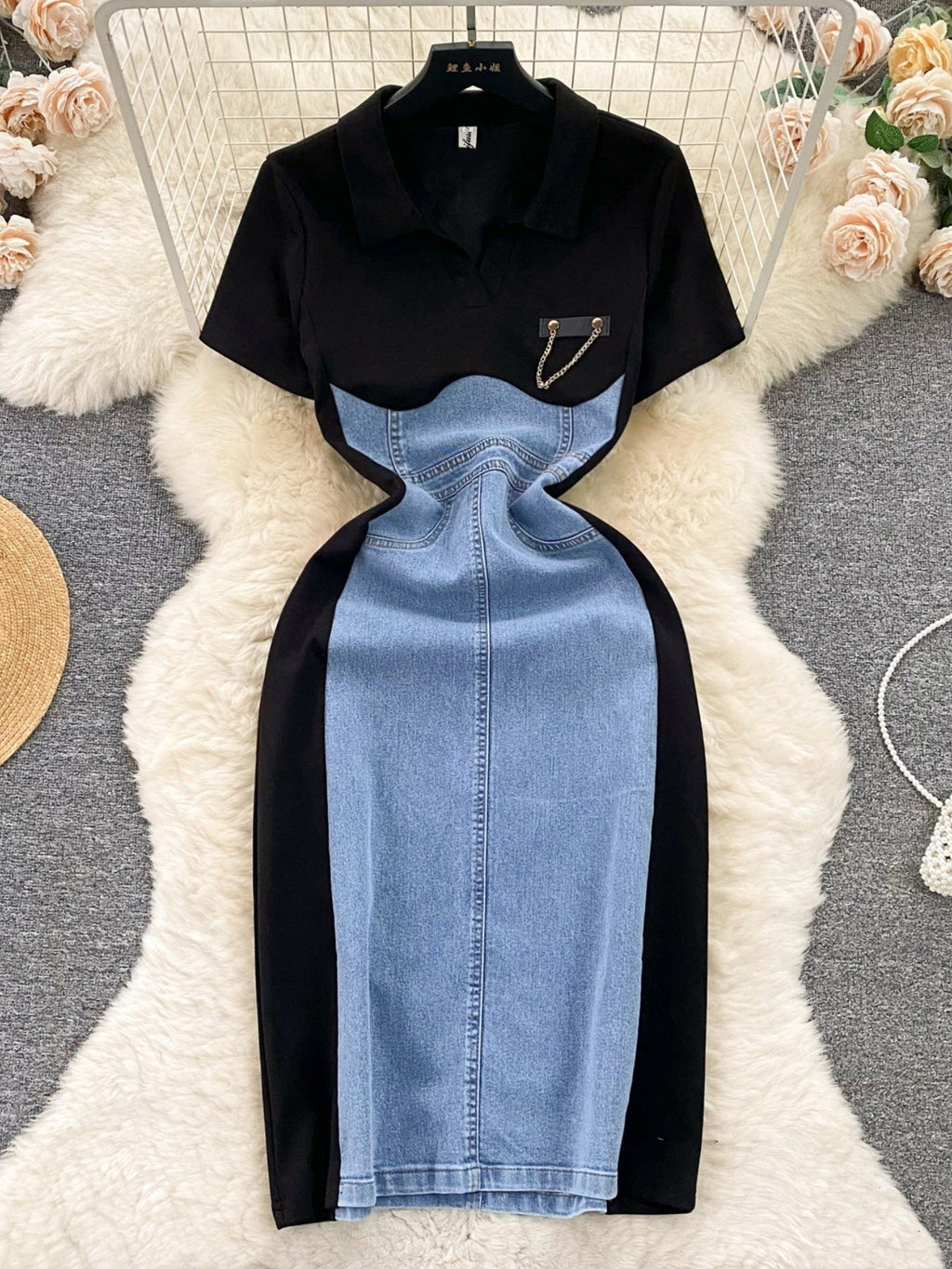 Full Size Color Block Denim Patchwork Bodycon Mini Dress Plus Size
