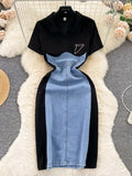 Full Size Color Block Denim Patchwork Bodycon Mini Dress Plus Size